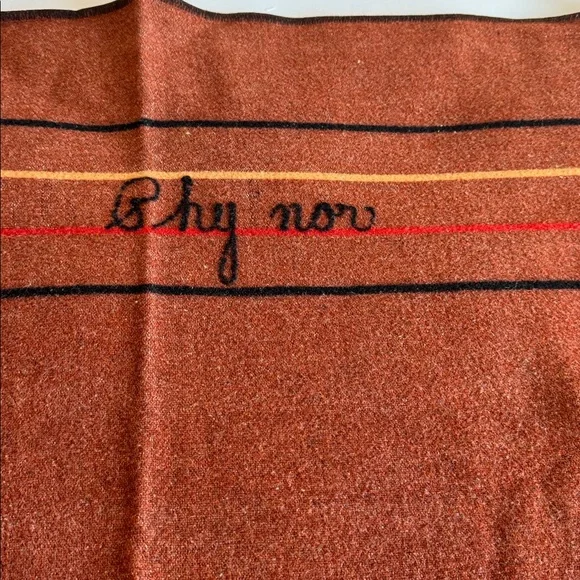 vintage 1930s Alpine wool train blanket in brick w/black, crimson & gold stripes - Picture 2 of 7